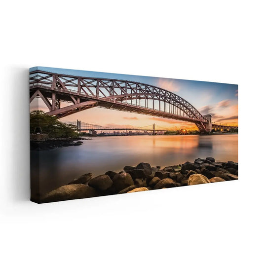 Sunset over Hell Gate Bridge — modern canvas wall art with orange and purple hues, perfect for uplifting bedroom décor.