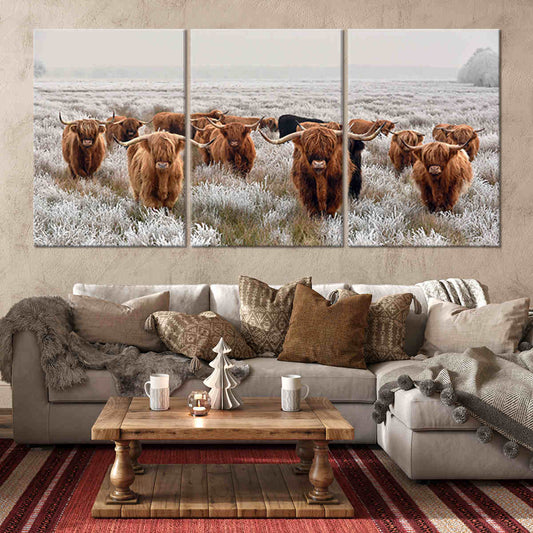 Highland cows in misty field — large canvas wall art for living room, adding rustic farmhouse warmth and natural charm.
