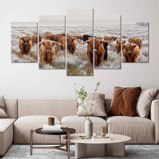 Scottish highland cattle — modern canvas wall art in earthy brown tones, perfect for cozy farmhouse or rustic interiors.