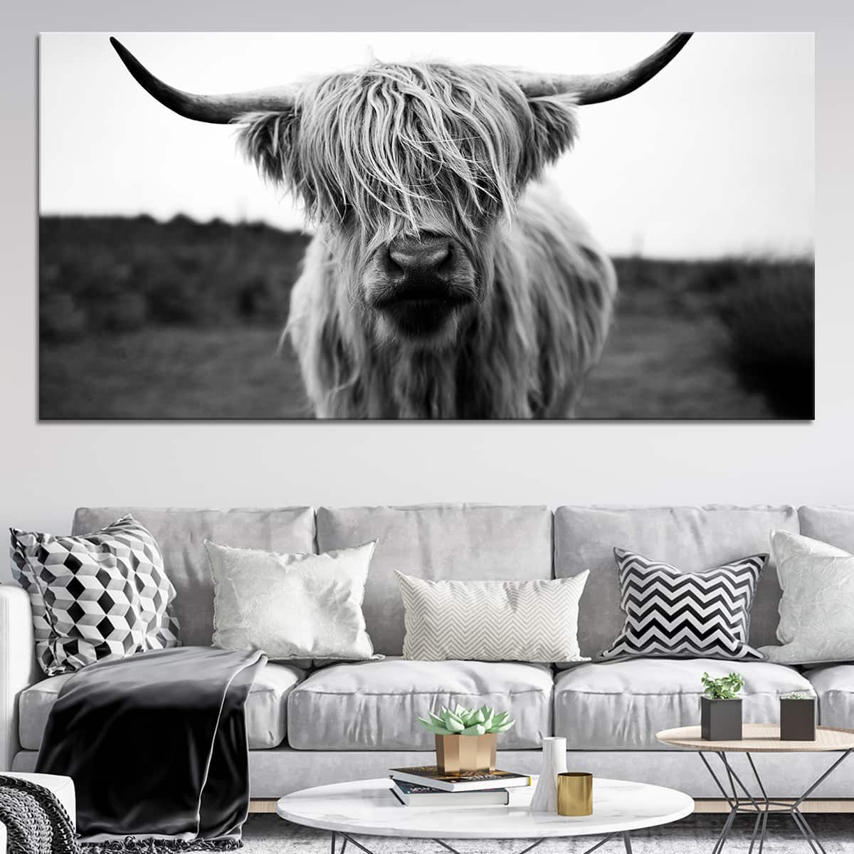 Portrait of a large black and white Scottish highland cow canvas wall art in a single piece