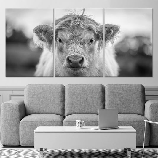 Baby highland cow canvas wall art for living room décor, adding a calming monochrome vibe and soft rustic charm to modern farmhouse interiors