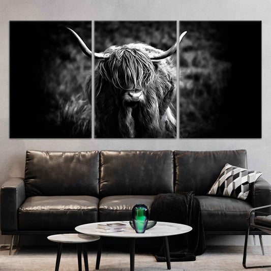 Black highland cow — large canvas wall art for living room, adding bold rustic character and elegance to modern interiors.