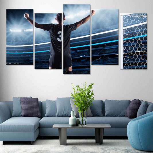 Raised-arms football athlete in sleek modern palette — modern canvas wall art perfect for energizing office spaces with motivating style