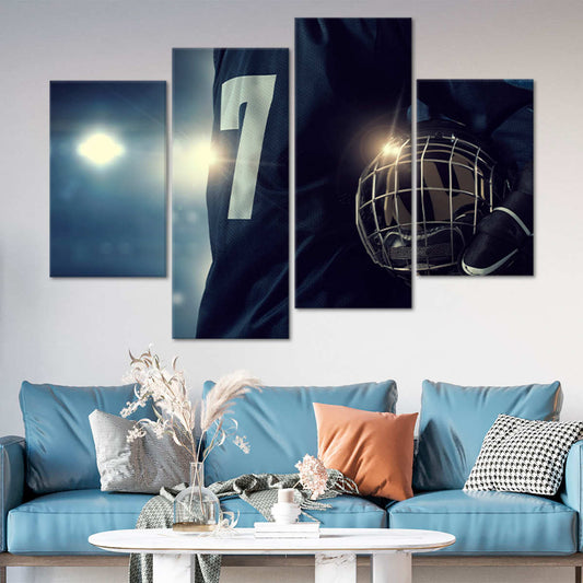 Modern hockey athlete scene — modern canvas wall art in deep blue tones, adding uplifting competitive energy to a stylish bedroom décor