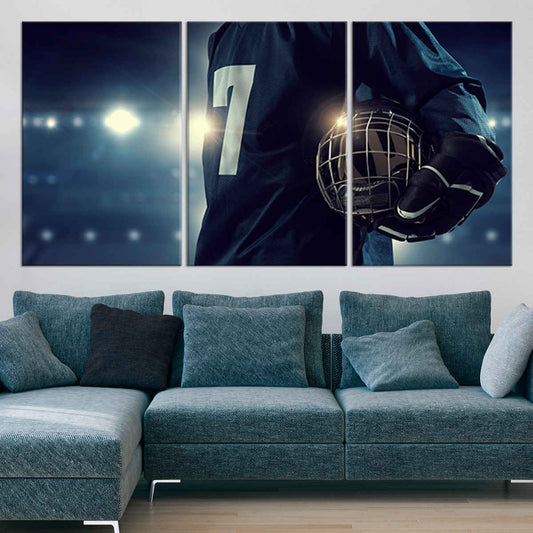 Hockey player silhouette canvas wall art for living room, featuring bold arena lights that create an inspiring atmosphere for sports lovers