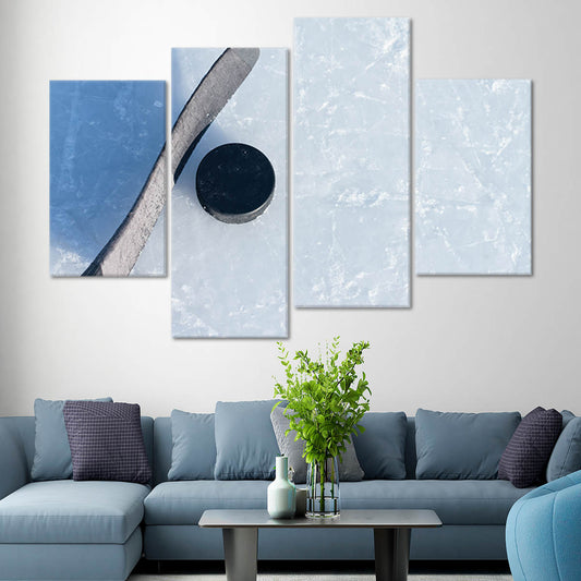 Frozen rink puck moment in minimalist tones — large canvas wall art ideal for bedroom decor with uplifting winter hues and cool textures