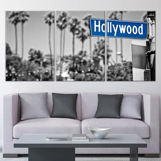 Hollywood Street Sign — modern canvas wall art in black and white with blue accent, inspiring city decor for living room or office.
