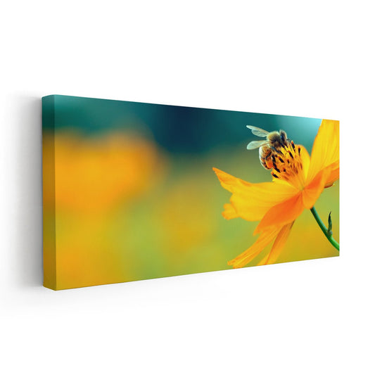 Bright yellow bee in soft floral palette — large canvas wall art perfect for bedroom walls, adding a peaceful and nature-inspired ambiance