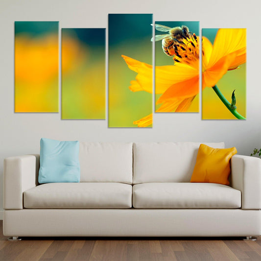 Working honey bee canvas wall art for living room décor, bringing uplifting floral energy and bright yellow tones to modern home spaces