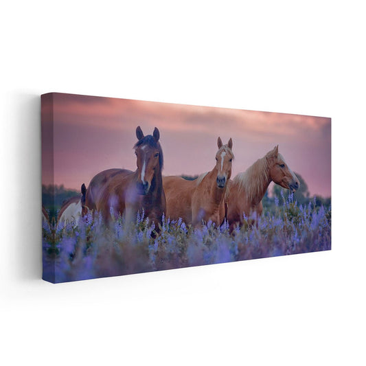 Brown horses in floral meadow at sunset — large canvas wall art, calming nature print perfect for bedroom interiors.