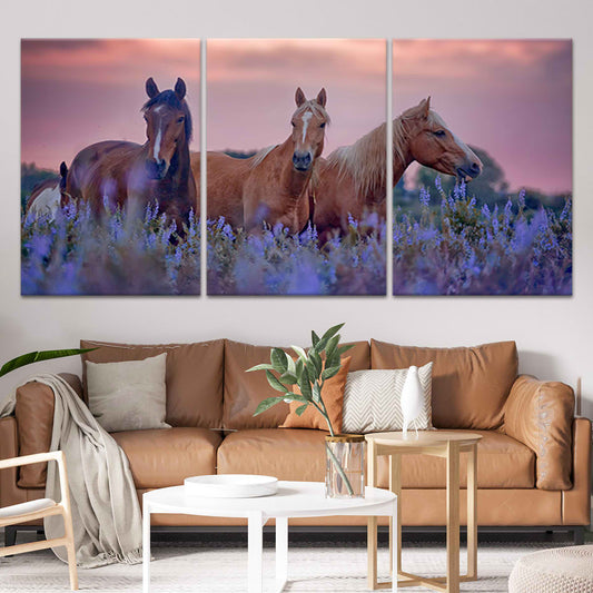 Wild horses running through purple flower fields — modern canvas wall art for living room, peaceful and elegant décor.