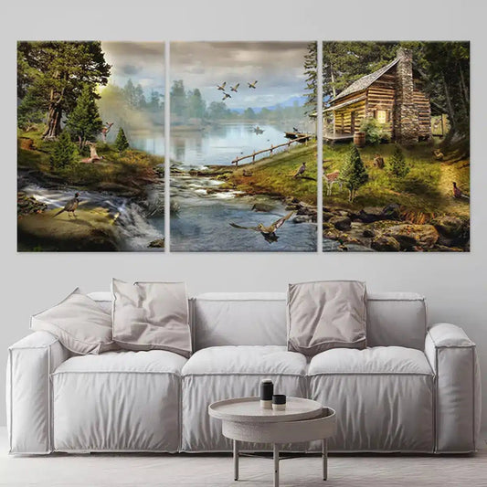 Forest cabin scene — Large canvas art in warm woodland hues adding a relaxing mood to bedroom décor and enhancing nature-inspired interiors beautifully