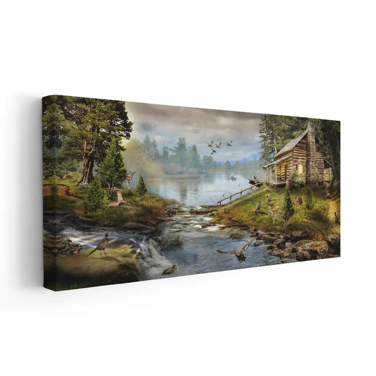 Cabin by the lake canvas wall art for living room décor featuring peaceful forest tones that create a calming rustic atmosphere in any cozy space