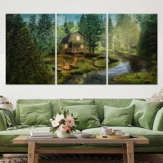 Mountain Cabin Wall Art Canvas-Stunning Canvas Forest cabin scene canvas wall art for a calming living room, blending warm rustic tones with peaceful nature for relaxing home décor.