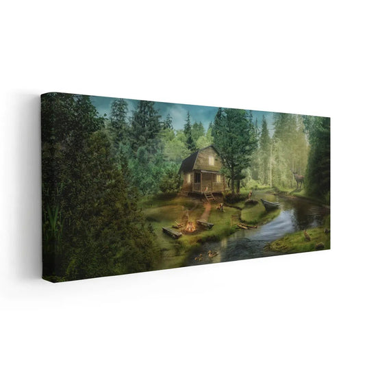 Woodland cottage in golden light — large canvas wall art with earthy forest tones that adds a cozy, uplifting touch to a bedroom space.