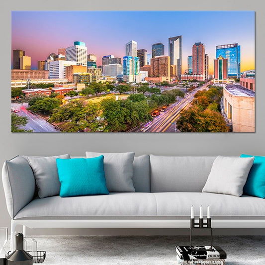 Houston skyline at dusk — modern canvas wall art featuring warm sunset tones, inspiring centerpiece for stylish living room decor.