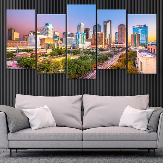 Downtown Houston cityscape — large canvas wall art with glowing skyline lights, uplifting and peaceful accent for modern bedroom walls.