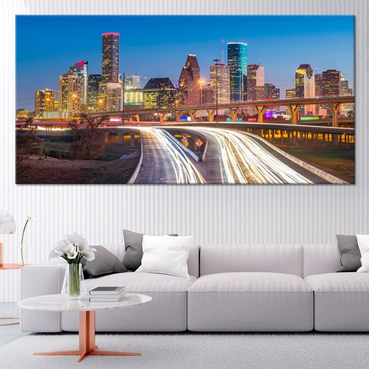 Houston skyline at dusk — modern canvas wall art for living room featuring inspiring city lights and contemporary urban décor.