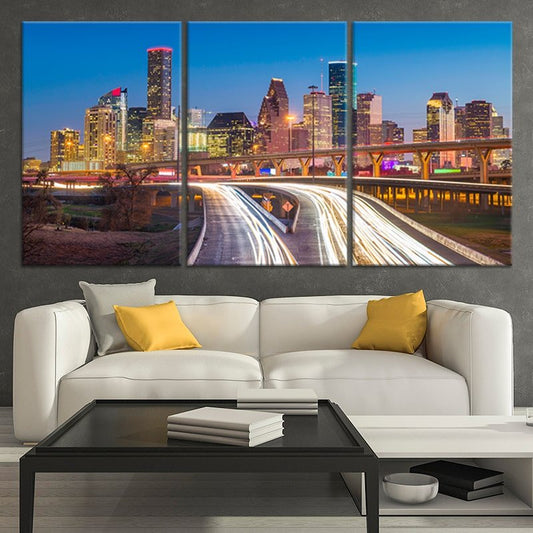 Downtown Houston cityscape — large canvas wall art for bedroom adding uplifting color tones and elegant modern home aesthetic.