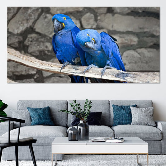 Hyacinth macaw couple — modern canvas wall art for living room, uplifting tropical bird design in calming blue tones for cozy décor.