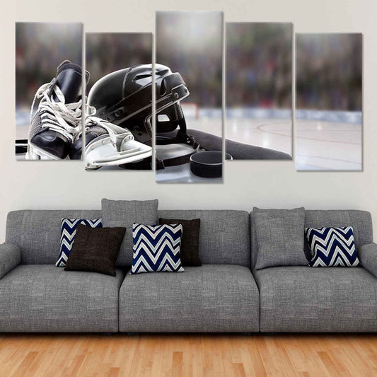 Goalie helmet setup — large canvas art with cool muted tones, perfect for adding uplifting hockey spirit to a stylish bedroom space