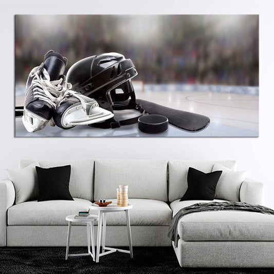 Hockey gear on ice canvas wall art for living room, bringing inspiring sports energy and bold rink style to a true fan’s modern décor