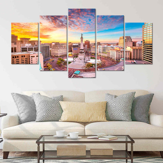 Indianapolis skyline at sunset — modern canvas wall art featuring pastel sky tones, perfect for brightening living room decor.