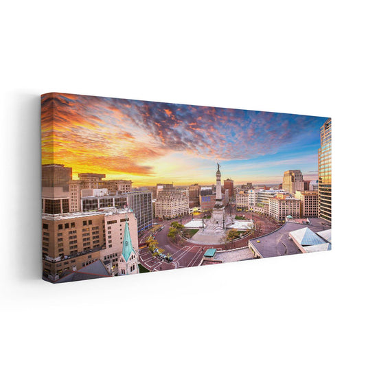 Indiana city skyline — large canvas wall art with golden sunset glow, ideal for uplifting mood in bedroom or office design.