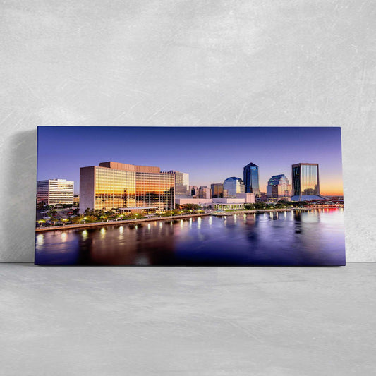Jacksonville cityscape reflection — modern canvas wall art featuring sunset tones, calming décor ideal for elegant home interiors.