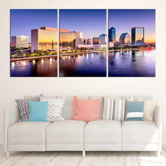 Jacksonville skyline at twilight — large canvas wall art in purple and gold hues, modern décor accent perfect for stylish living rooms.