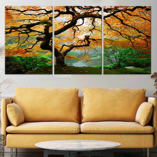 Twisted maple branches — Large canvas art with warm orange hues offering uplifting bedroom décor and a thoughtful fall-inspired housewarming gift
