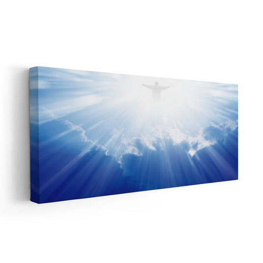 Modern Christian depiction of Christ returning — large canvas wall art, luminous blue tones symbolizing glory and redemption