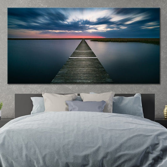 Lake pier canvas wall art for living room décor adding a peaceful dusk mood with soft water reflections and a calming atmosphere for relaxation