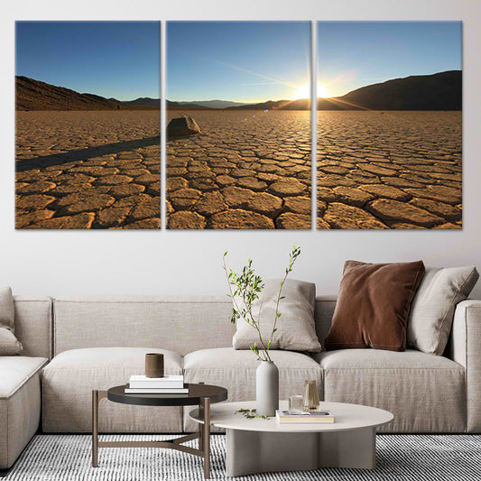 Golden desert horizon — large canvas art featuring dry earth patterns, perfect for calming bedroom décor with natural sunlit tones