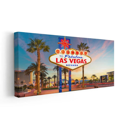 Las Vegas city sign at sunset — modern canvas wall art with warm desert tones, ideal for uplifting bedroom or lounge décor.