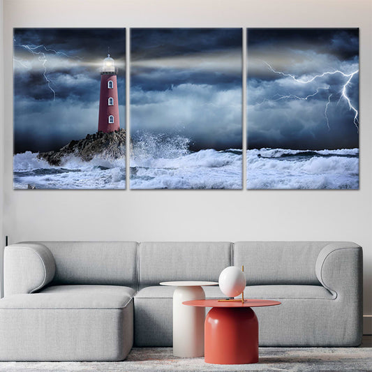 Storm-lit lighthouse — modern canvas wall art, vivid blue-gray tones and red tower contrast beautifully for nautical home décor.