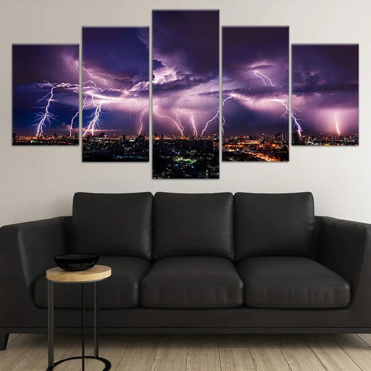 Lightning skyline — modern canvas wall art with electric purple and gold tones, inspiring and dramatic centerpiece for living room decor.