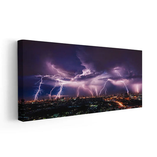 City skyline lightning storm — large canvas wall art in night hues, powerful and uplifting accent for bedroom or home office spaces.
