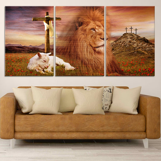 Lion of Judah with cross — Christian canvas wall art for living room, inspiring faith and strength in warm, heavenly sunrise tones.