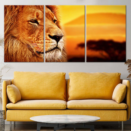 Savanna lion portrait glowing in golden light — canvas wall art for living room décor, adding inspiring warmth and bold wildlife beauty.