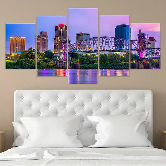 Little Rock skyline at night — large canvas wall art for living room, purple city lights add a modern and uplifting touch.