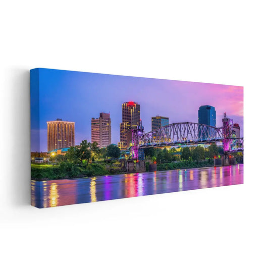 Arkansas city skyline — modern canvas wall art in vibrant violet and gold hues, perfect for bedroom or urban home décor.