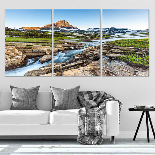 Alpine stream beneath towering peaks — large canvas art in crisp glacier tones, ideal for calming bedroom décor with natural landscape charm