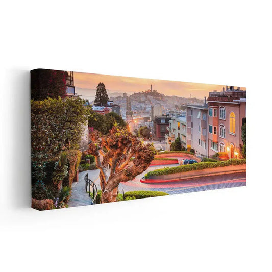 Curved Lombard Street — large canvas wall art with pastel buildings and vibrant flowers, inspiring cityscape for bedroom decor.