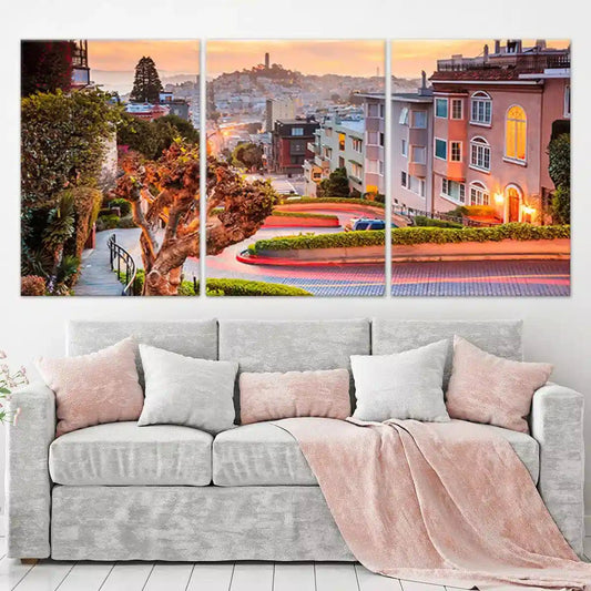 Lombard Street San Francisco — modern canvas wall art in sunset tones, uplifting and colorful decor for living room or office.