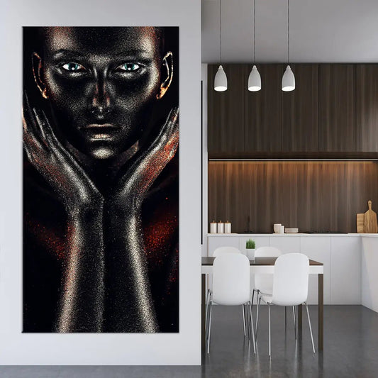 Modern luxury portrait with metallic black finish — large canvas wall art, dramatic highlights delivering bold interior mood