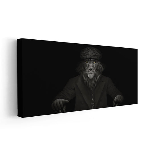 Anthro lion gentleman in black and white style — large canvas wall art suited for office décor, bringing a powerful and confident vibe.