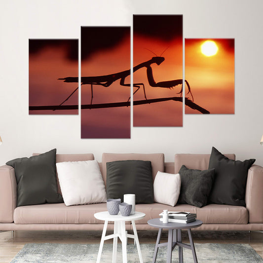 Praying mantis silhouette at sunset — canvas wall art for living room decor, adding a peaceful warm glow with its minimalist golden palette