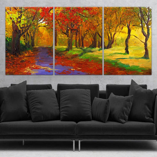Autumn woodland path canvas wall art bringing a peaceful fall atmosphere to your living room, perfect for adding warmth and seasonal charm