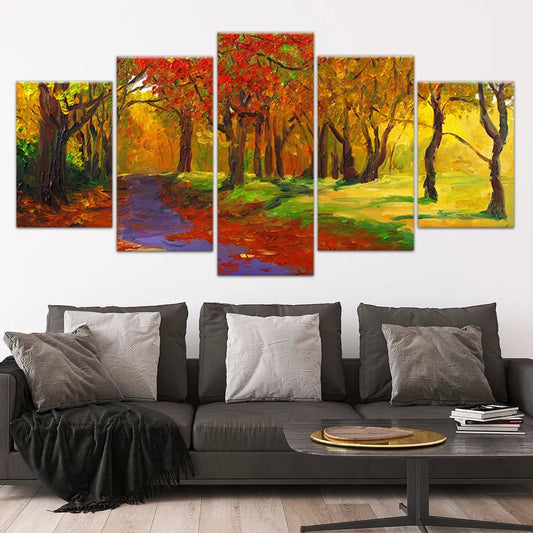 Vibrant fall forest scene — large canvas wall art with rich golden tones, ideal for uplifting modern spaces or gifting for housewarmings